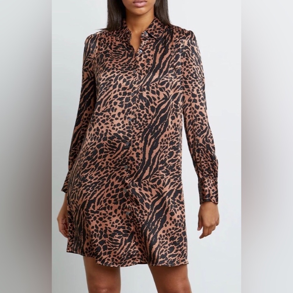 NWT RAILS SELMA Cinnamon Mixed Animal Print Button Up Long Sleeve Shirt Dress S